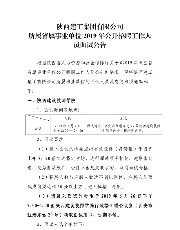 2019陕西省属事业单位面试公告（陕西建工集团)(图1)